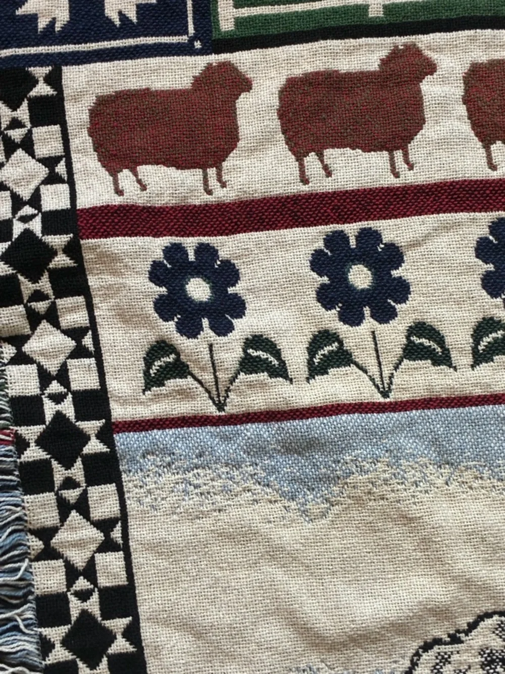 Vintage Woven Sheep Farm Tapestry Throw Blanket Fringe Rustic Cottagecore 45x67
